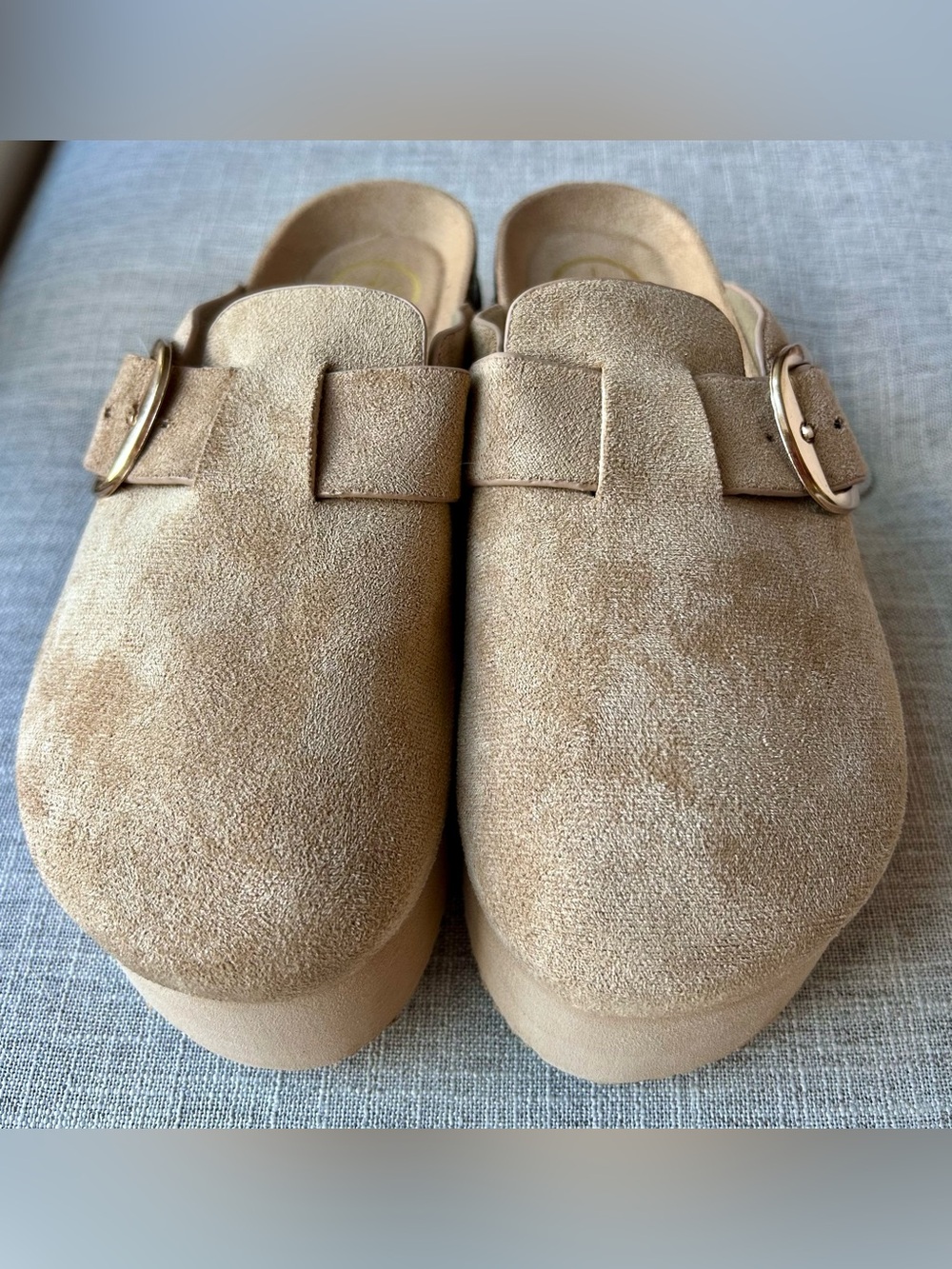 Beige Suede Platform Mule with Buckle - Women - Picture 3 of 6